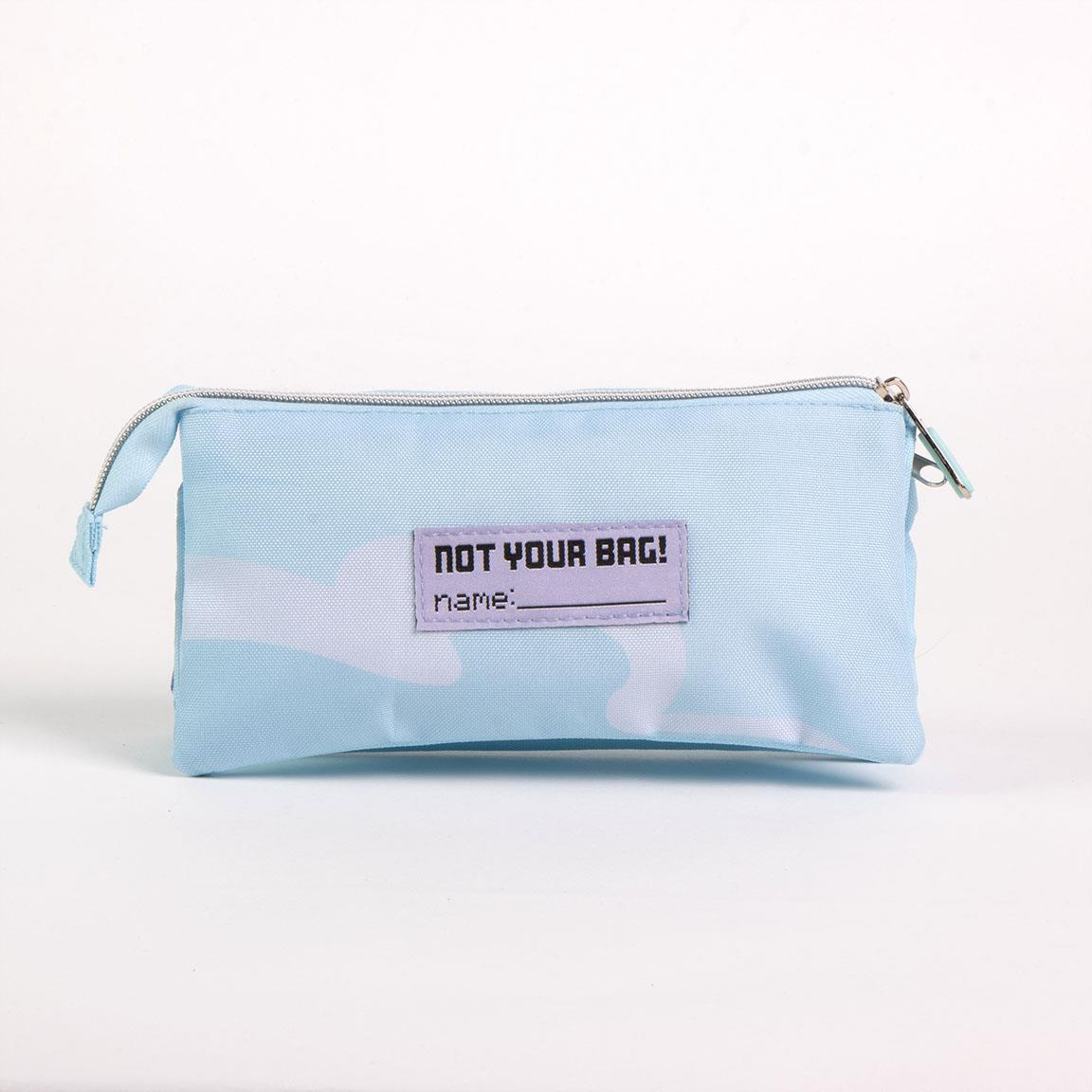 Astuccio a tre tasche di Frozen Disney. Retro con etichetta con scritta "Not your bag! Name:"