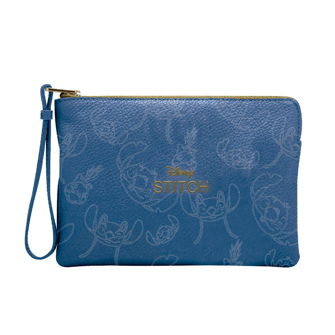 Beauty case a tema Stitch in simil pelle con la scritta "Disney Stitch" in dorato e i volti di Stitch ed Angel debossati sulla parte blu del beauty