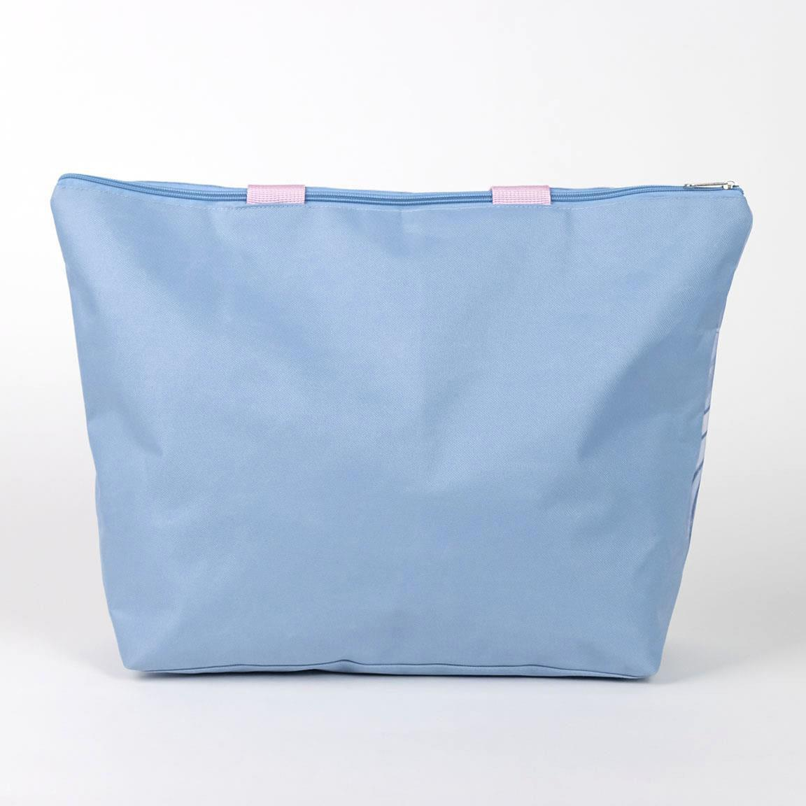 Borsa mare a tema Stitch celeste con la scritta "Stitch's Surf", Stitch su una tavola da surf e i manici rosa. Foto della parte posteriore della borsa (celeste)
