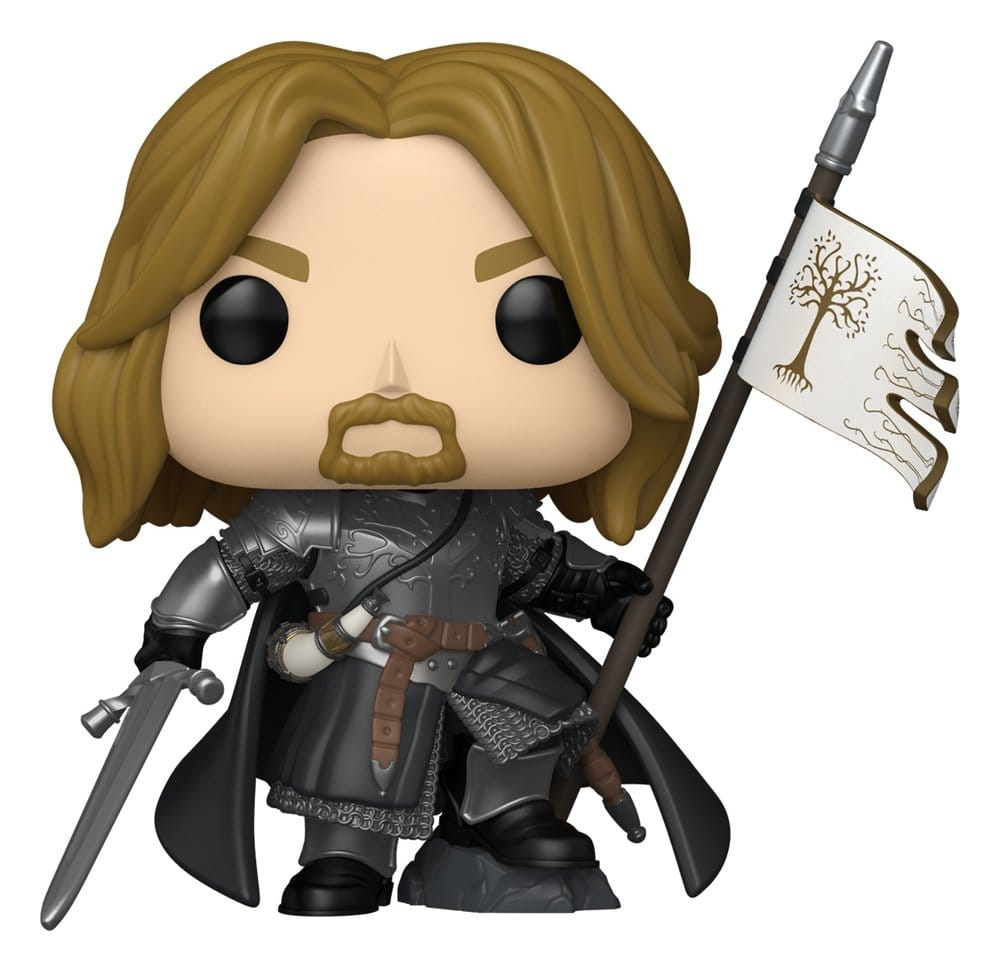 Funko Pop di Boromir 1986 con la bandiera di Osgiliath fuori dalla scatola