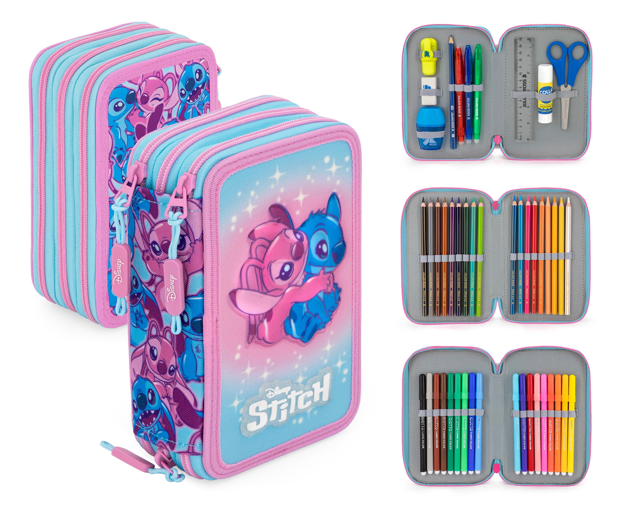 Astuccio 3 Scomparti con 46 Accessori Stitch e Angel Disney Y2K