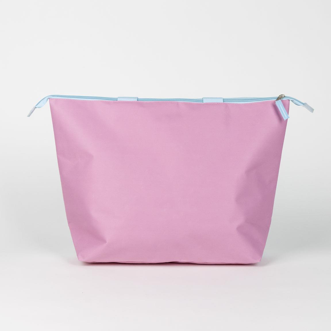 Borsa da spiaggia Stitch con manici celesti e scritta Ohana. Foto retro rosa della borsa