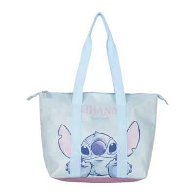 Borsa da spiaggia Stitch con manici celesti e scritta Ohana. Foto frontale