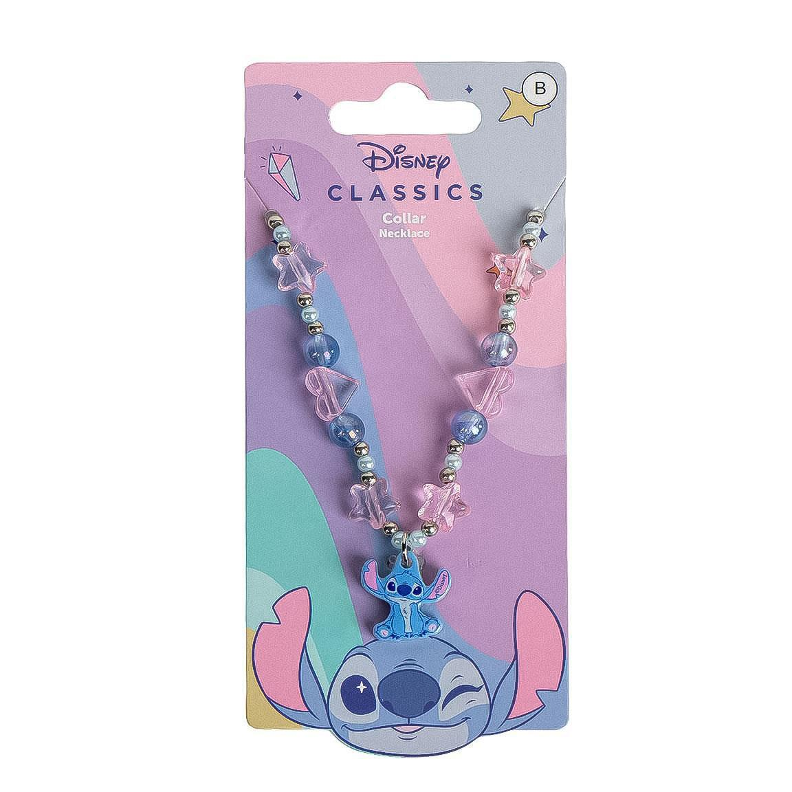 Collana bigiotteria a tema Stitch con elementi a forma di stella, tondi e a cuore e un pendente a forma di Stitch