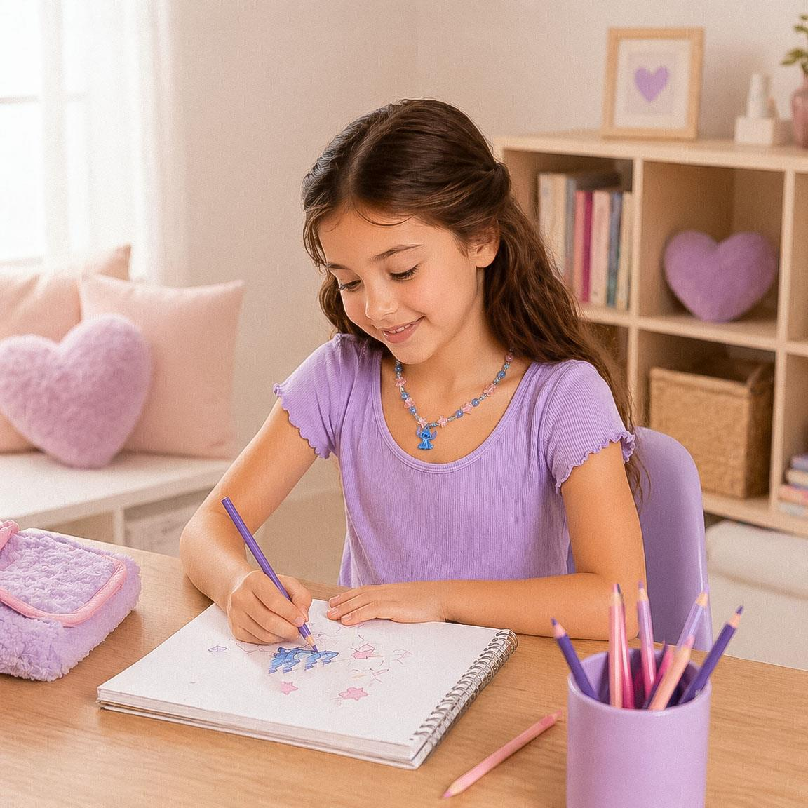 Collana bigiotteria a tema Stitch con elementi a forma di stella, tondi e a cuore e un pendente a forma di Stitch. Foto della collana indossata da una bambina