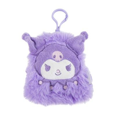 Portamonete Peluche di Kuromi della serie animata My Melody & Kuromi dell'azienda Sanrio. Foto frontale del portamonete di Kuromi con moschettone