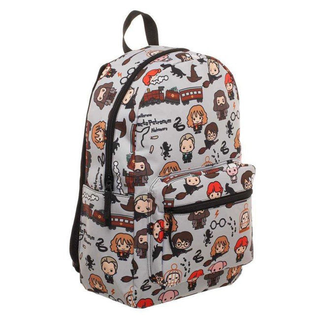zaino grigio con personaggi Chibi e simboli Harry Potter