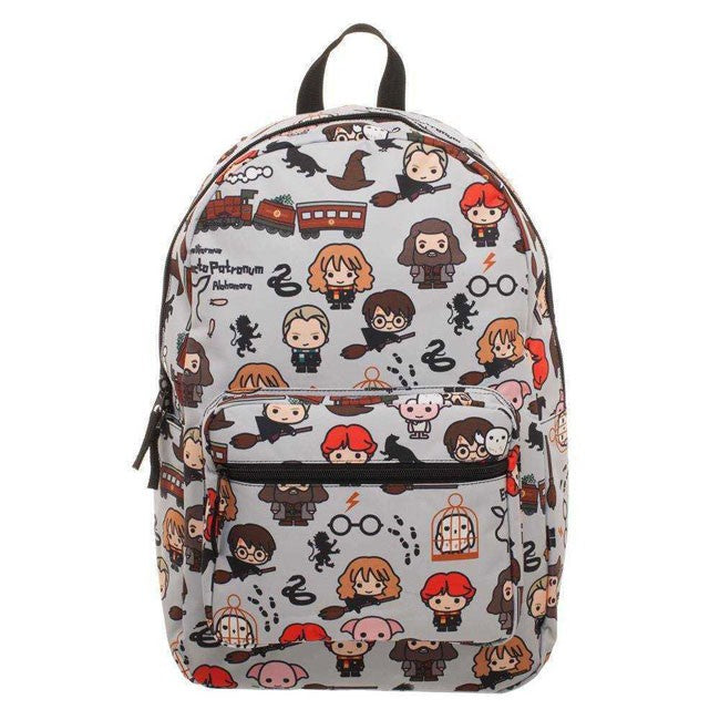 zaino grigio con personaggi Chibi e simboli Harry Potter