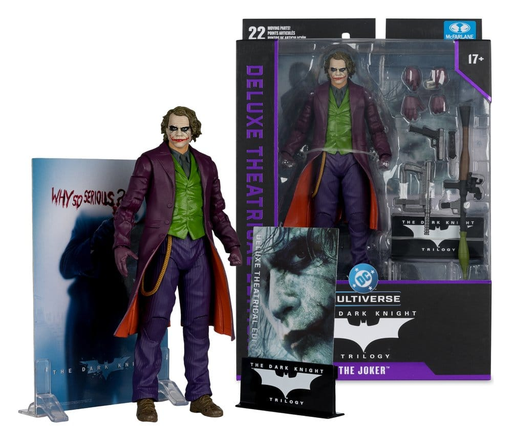 Action Figure Joker The Dark Knight e la scatola contenente tutte le parti removibili dell'action figure come le mani e le armi 
