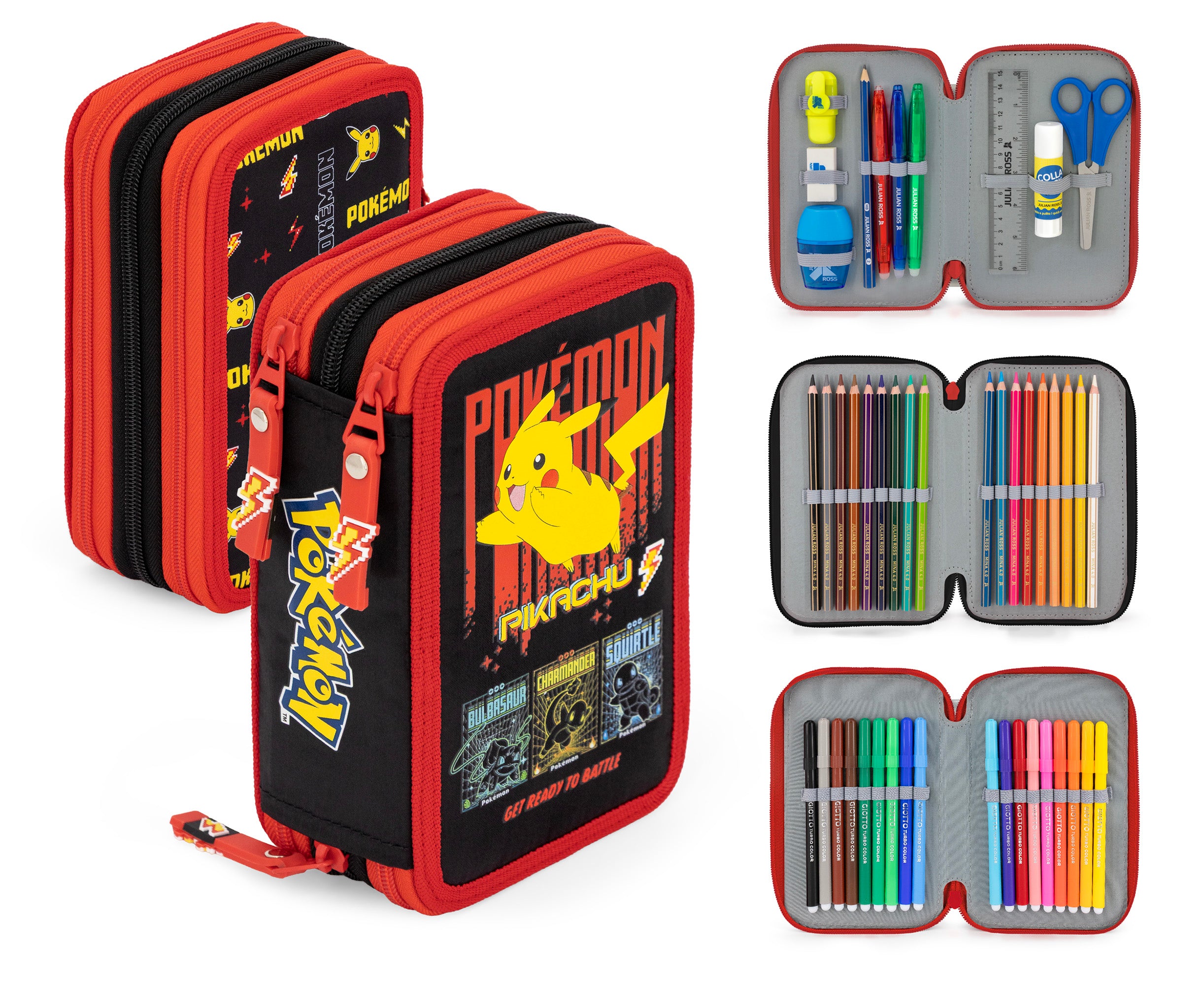 Astuccio 3 Scomparti con 46 Accessori Pokemon Retro