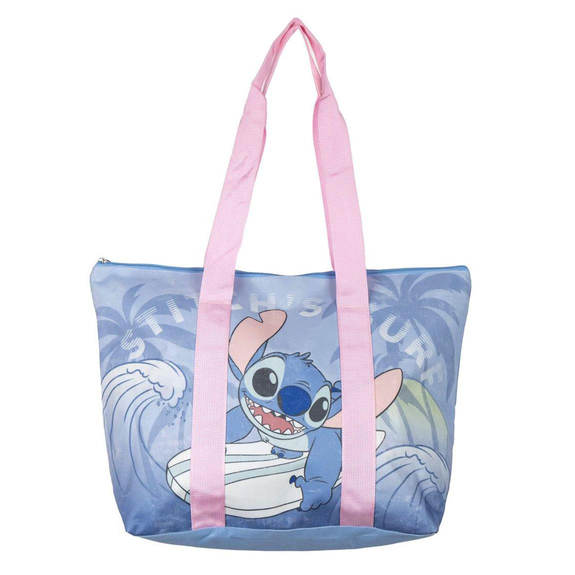 Borsa mare a tema Stitch celeste con la scritta "Stitch's Surf", Stitch su una tavola da surf e i manici rosa 