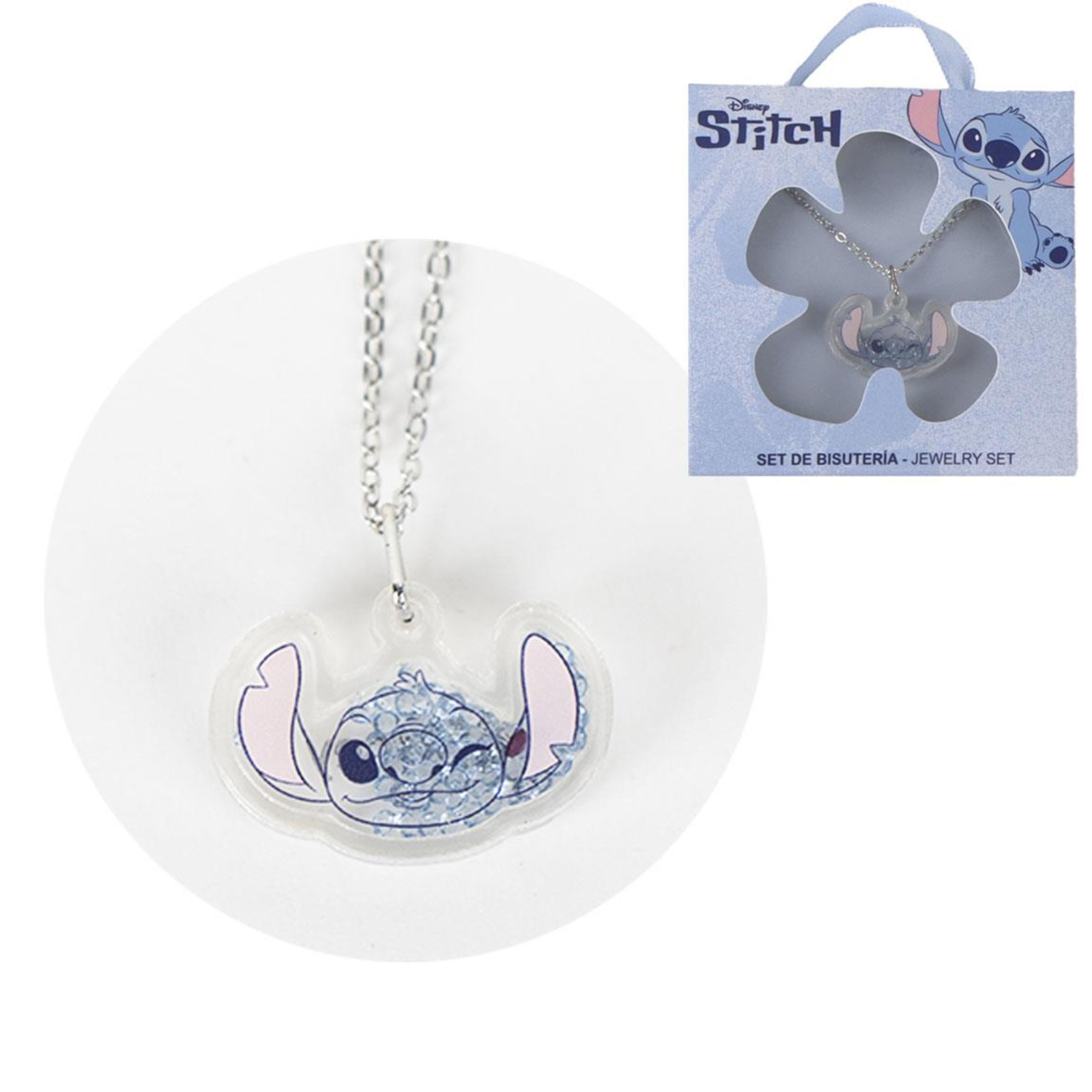 Collana a tema Stitch con catena in metallo e pendente a forma di testa di Stitch. Confezione in cartone 
