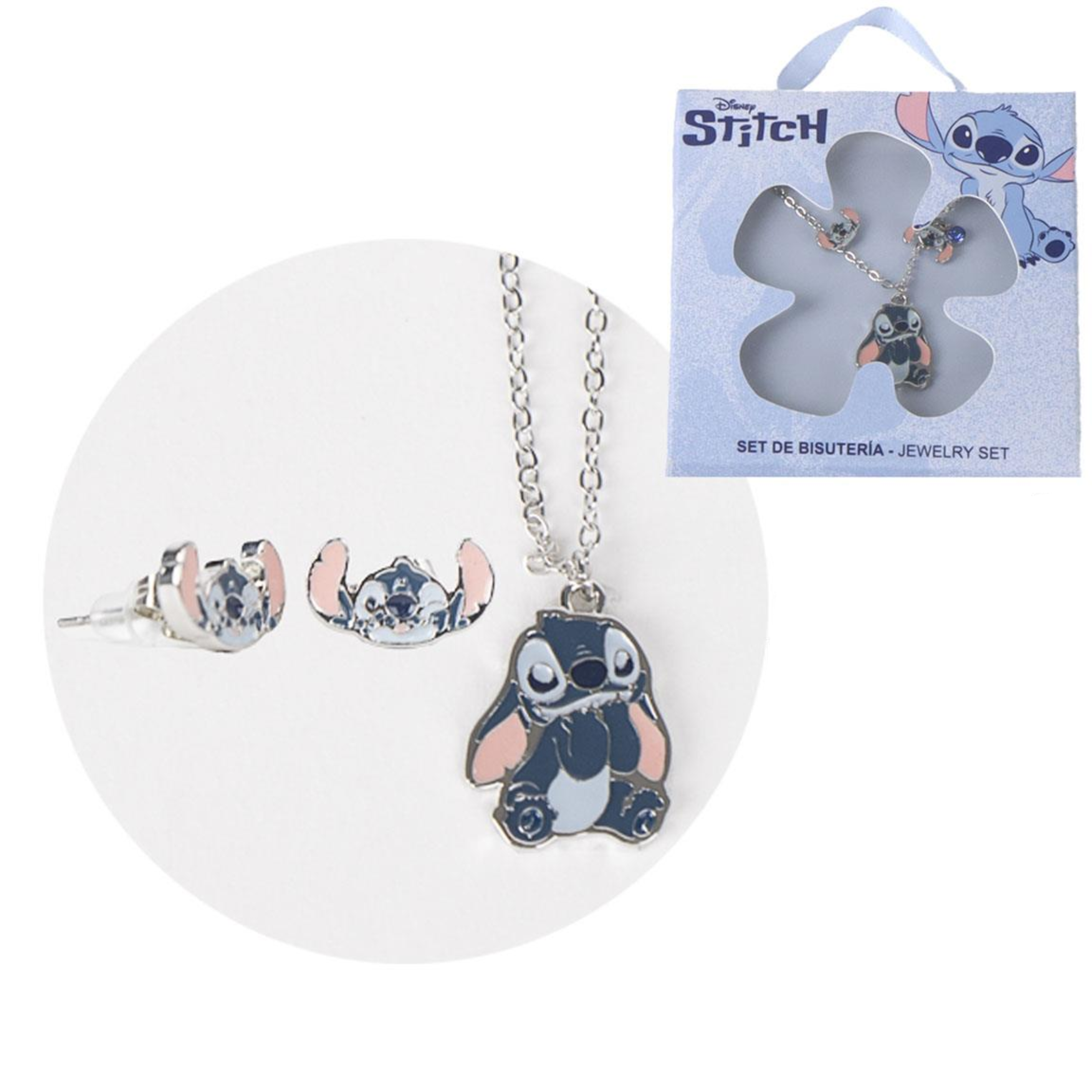 Set collana e orecchini a lobo a tema Stitch, confezione in cartone 