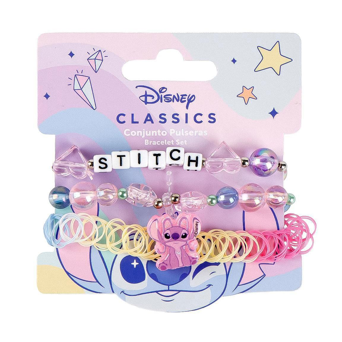 Set di bigiotteria a tema Stitch composto da tre bracciali. Uno presenta la scritta Stitch, uno un pendente a forma di Angel ed uno ha una forma a molla ed ha i colori dell'acrobaleno pastello 