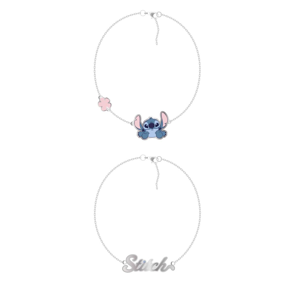 Set di due bracciali a tema Stitch composto da un bracciale con catena e scritta "Stitch" in metallo e un altro bracciale con catena e pendente a forma di Stitch colorato