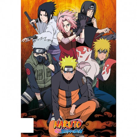 Poster aperto a tema Naruto Shippuden con personaggi più iconici dell'anime: Naruto, Kakashi, Sakura, Sasuke, Itachi e Minato 